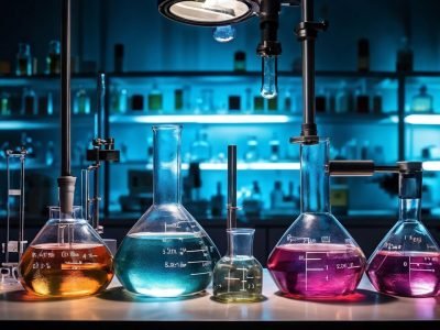 zoom-into-a-chemistry-lab-with-different-lights-and-flasks-126976188